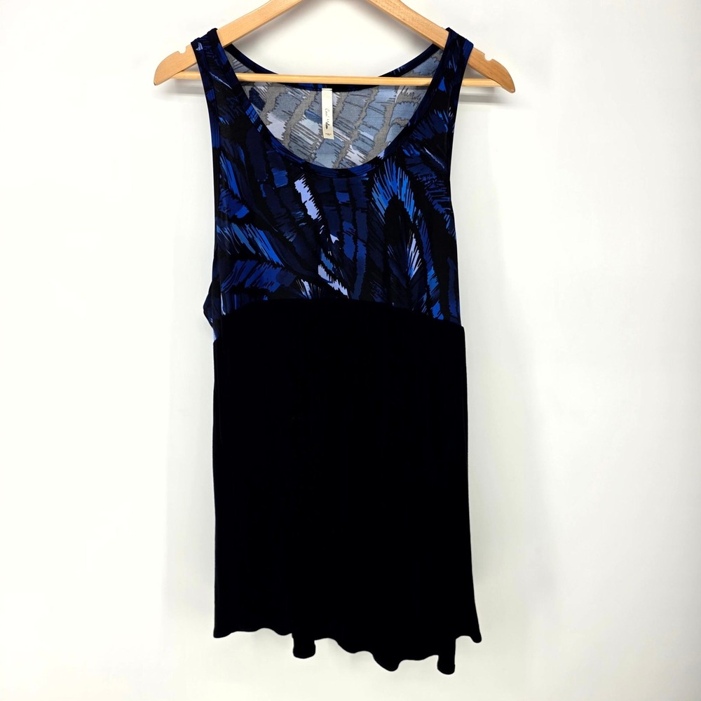 Cool Melon Tank Top Womens 2X Black Blue Abstract Print Empire Waist 8030 USA